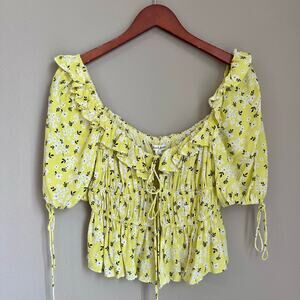 For Love & Lemons Milkmaid Yellow Floral Ruffle Peasant Top Coquette Cottagecore